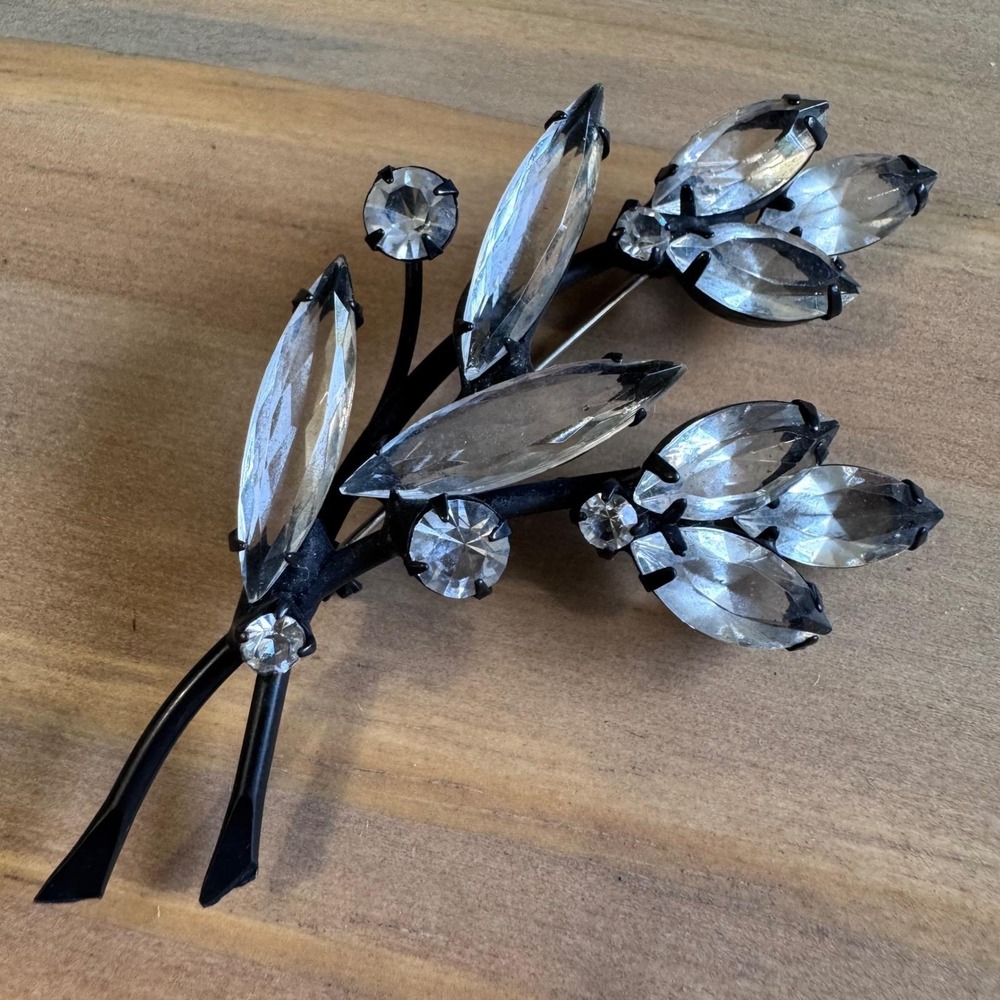 Vintage Japanned Rhinestone Floral Spray Brooch, Mid-Century Marquise Pin